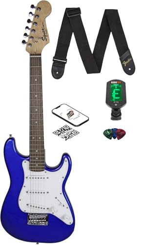 Image of Fender Squier 3 /4 Size Kids Mini Strat Electric Guitar Learn-to-Play Bundle with Tuner, Strap, Picks, Fender Play Online Lessons, and Austin Bazaar Instructional DVD - Imperial Blue