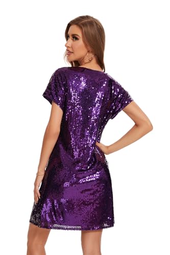 Image of Women's Crewneck Sequin Shift Dress Short Sleeve Casual Holiday Sparkly Party Dress