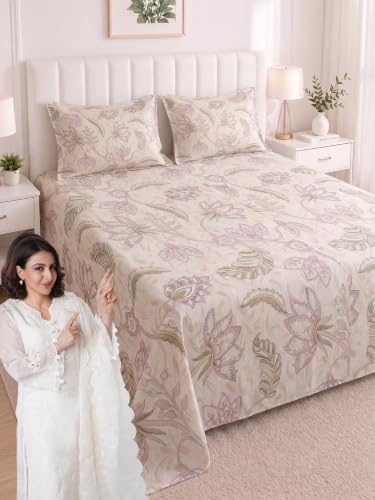 Image of Mafatlal 186 TC Metro Cotton King Size Bedsheet | 108 x 108 Inch | Soft Daily Use Bedding with 2 Pillow Covers | Printed Cotton Bedsheet | Peach Blossom