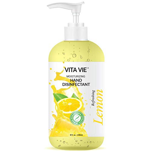 VITA VIE Moisturizing Hand Disinfectant, Lemon Hand Sanitizer, 8 oz Pump – Water-less, Rinse-free Hand Cleaner – Vitamin E, Organic Extract Infused – Made in America, Safe for Kids
