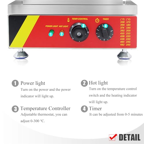 Produttore di waffle commerciale, controllo del temp di 1600W, piastre antiaderenti, forme di cane di mais 6 forme veloci, costruzione dell'acciaio inossidabile, design facile pulito per uso domestico