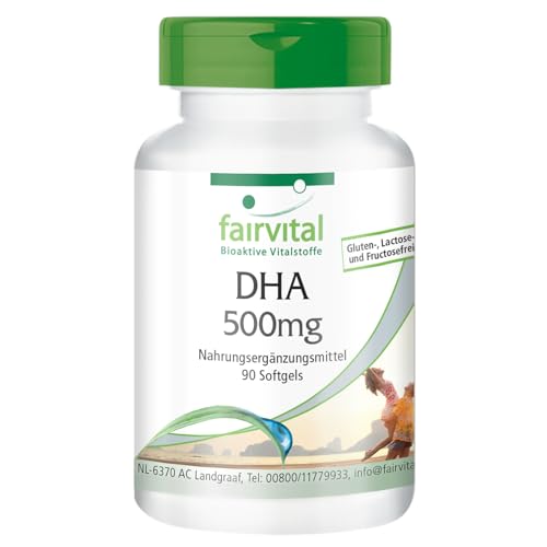 Fairvital | DHA 500mg - Aceite de pescado - Ácido docosahexaenoico + EPA y Vitamina E - 90 Cápsulas - Calidad Alemana