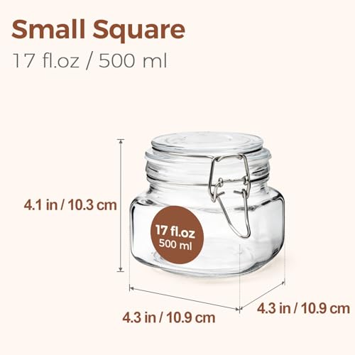 Image of ComSaf Square Glass Food Jars 17 oz 6 Pack for Pickling and Herbs Storage | Airtight wire clamp lids, six labels and 3.3-inch wide mouths for loose tea, herbal powders, cocktail garnishes and jam