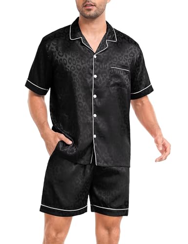 Image of SWOMOG Men Silk Pajama Set Short Sleeve Satin PJs Sets 2 Piece Button Down Sleepwear Soft Summer Loungewear with Pockets