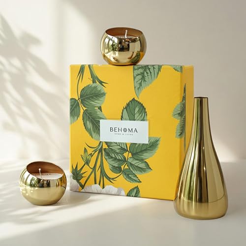 Image of BEHOMA Luxury Home Decor Combo Gift Set | Metal Scented Candle Set of 2 with Golden Decorative Flower Vase | Premium Table Decor for Living Room | Housewarming, Wedding & Festive Gift Set