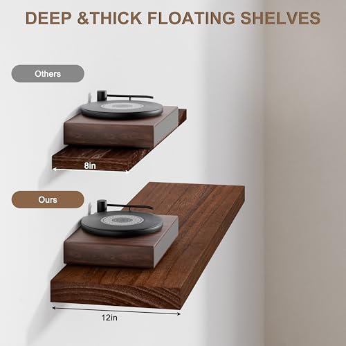 Image of 36-Inch Floating Shelves, Set of 3 Wall Mounted Storage Ledges, 12-Inch Deep Extra-Thick Solid Paulownia Wood Shelving for Kitchen, Living Room, Bedroom & Bathroom, Walnut Finish