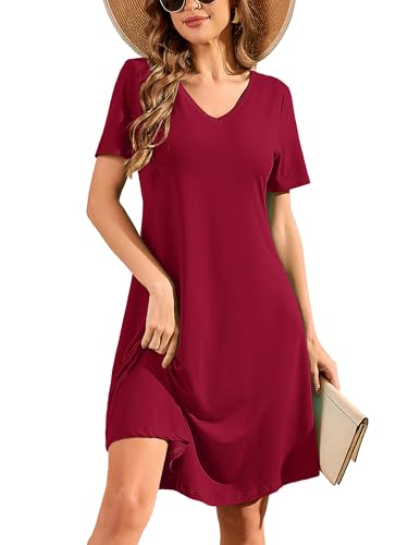 Image of DEARCASE Summer Dresses for Women V-Neck Short Sleeve T Shirt Dress Casual Flowy Swing Beach Vacation Mini Sundress