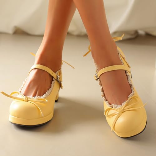 Women's Sweet Cute Bow Platform Lolita Mary Jane Pumps Round Toe Low Block Chunky Heels Ankle Strap Buckle Prom Party Princess Dress Shoes 6