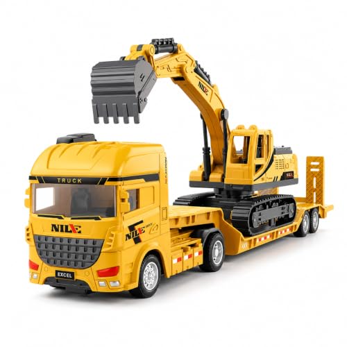 Image of Friction Powered Construction Transport Truck with Excavator Toy for Kids | Car Carrier Trucks with Movable Arm & Detachable Trailer| Engineering Vehicle for Boys & Girls (Multicolor)