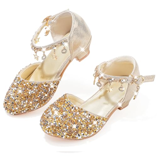 Mokayu Prinzessin Schuhe Mädchen Glitzer Sandalen Flamenco Schuhe Kinder Mary Jane Abendschuhe Cosplay Schuhe Karneval Partys Hochzeiten Klett Sandalen Elegante Pumps Gold EU31