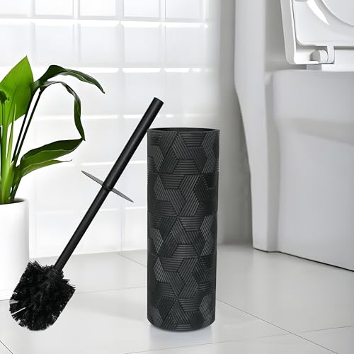 Image of Matte Black Geo Design Resin Toilet Bowl Holder and Brush Set, Stylish Geometric Design with Durable Bristles, Compact and Modern