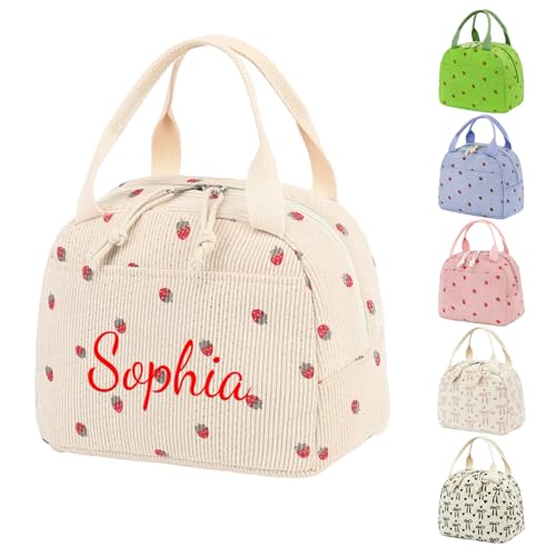 Genérico Bolsa de Almuerzo Personalizada con Nombre Bordado, Bolsa Térmica de Tela para Comida, Diseño de Fresa y Lazo, Ideal para Colegio, Trabajo y Viaje (Fresa en crema)