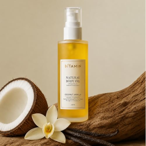 Image of Bitamin Natural Body Oil | Moisturizing 9 Multi Oil Blend for Dry Skin | Men & Women after bath Body massage Oil | Suitable for Stretch Marks & Scar Removal | Vit E Lightweight Coconut Vanilla | 100ml