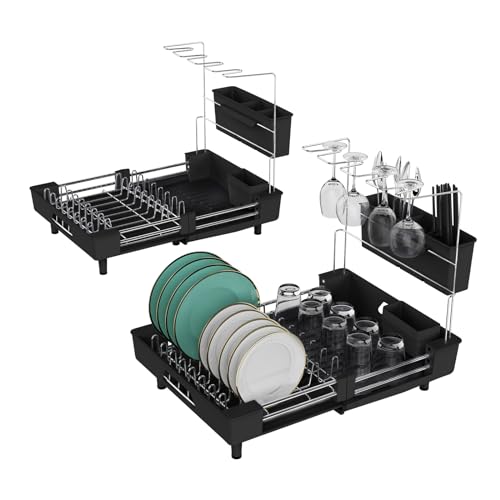 Dish Drying Rack,Dish Drainers,Kichen 1 Tier Black Sink Dish Drainer Rack with Drip Tray,Detachable Black Dish Rack with Drainage Plate and Rotating Nozzle,Dish Rack Drainer,Utensil Holder,Cup Holder