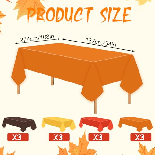Image of 12 Pcs Plastic Tablecloths, Disposable Rectangle Autumn Table Cover 54 x 108 Inch Waterproof Table Covers for Fall Harvest Thanksgiving Day Harvest Birthday Birthday Baby Shower Party Decorations