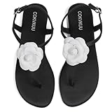 Cokvkuu Women's Black Satin Floral Flat Sandals, Herringbone T-Strap White Floral Sandals, Fashionable and Comfortable Satin Sandals for Casual Beach Party Shopping