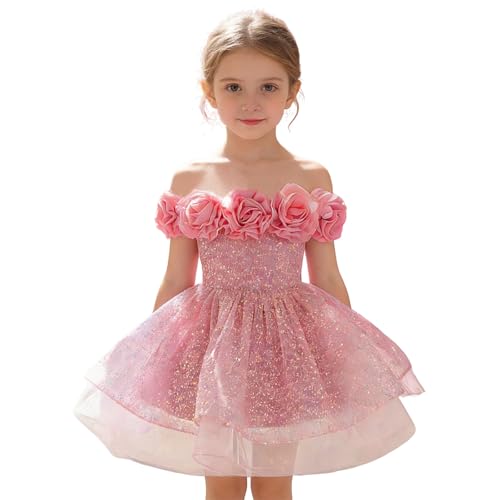 Vestido de niña elegante con lentejuelas y hombros descubiertos