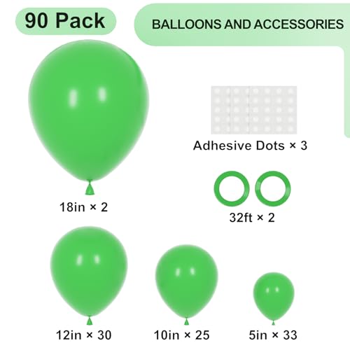 Image of Voircoloria 90pack Green Balloons Different Size 18 /12 /10 /5 Inch Green Balloon Garland Arch Kit for Graduation, St. Patrick's Day, Dinosaur, Jungle, Forest, Wedding, Birthday, Christmas Decorations
