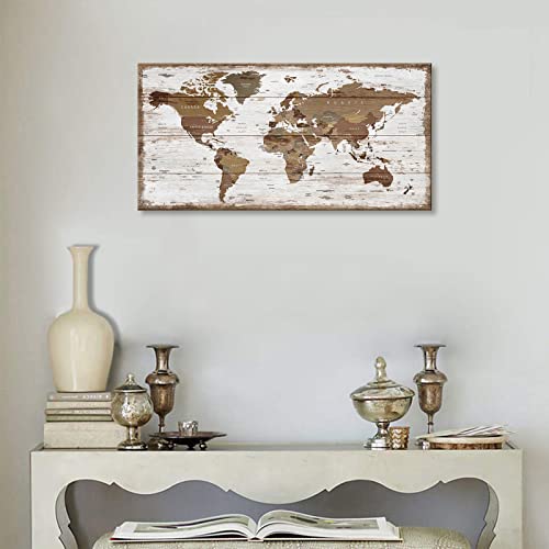 The Map Of World Canvas Wall Art Office Word Map Wall Decor Vintage White Wooden Board Framed Canvas Pictures Travel Map Memory Modern Artwork Prints For Living Room Bedroom Home Decor 20"X 40" #TOP3