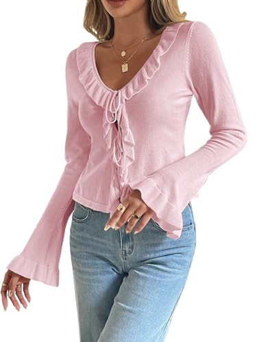 Women's V Neck Ruffle Bell Sleeve Sweater Tie Front Bow