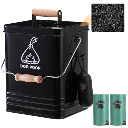 Image of Dog Poop Trash Can Outside, Metal Pet Waste Trash Can with Lid & Handle, 5L /1.3Gal Dog Waste Station with Bag Holder & 30 Bags(Black)