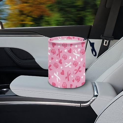 Image of Breast Cancer Pink Ribbon Car Trash Bag, Car Trash Can - Cute, Portable, Collapsible for Back Seat, Floor, or Hanging Headrest Waste Basket