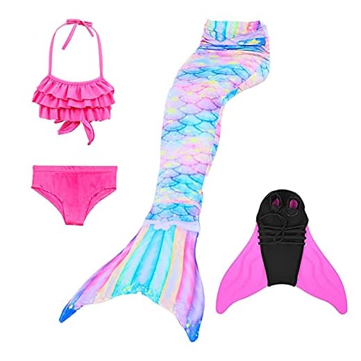 KEEPAA Set med 4 stycken sjöjungfrusvans baddräkt för flickor – prinsessa cosplay, för simning med bikini set och monofena, barn, flickor sjöjungfrusvans 100–110 110