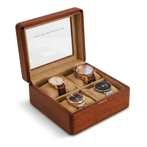 LivlyJewcase Watch Box for Men,4 Slot Wooden Watch Case with Glass Lid, Watch Holder Storage Organizer for Men's Watch Display Watch Travel Case Khaki Velvet