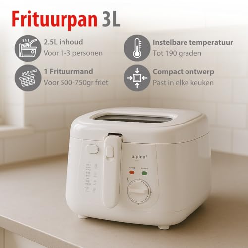 Alpina Friteuse, frituurpan, 1800 watt, 2,5 l, alles 190 °C, wit - Afbeelding 3