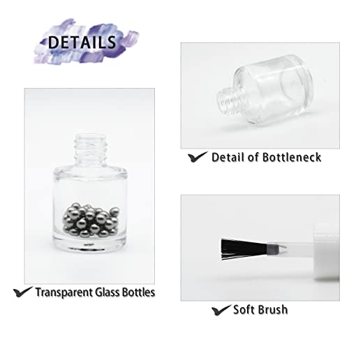 20PCS Empty Nail Polish Bottles with Brush White Cap, 10ML Empty Clear Glass Refillable Nail Fingernail Polish Bottles Circle with mixing beads & Funnels, 0.35 OZ3