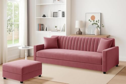 Image of Rosebell 3 Seater Sofa Set with Ottoman, Upholstered Sofa with Matching Footrest, Comfortable Seating for Living Room Bedroom Home Furniture - Rose Pink