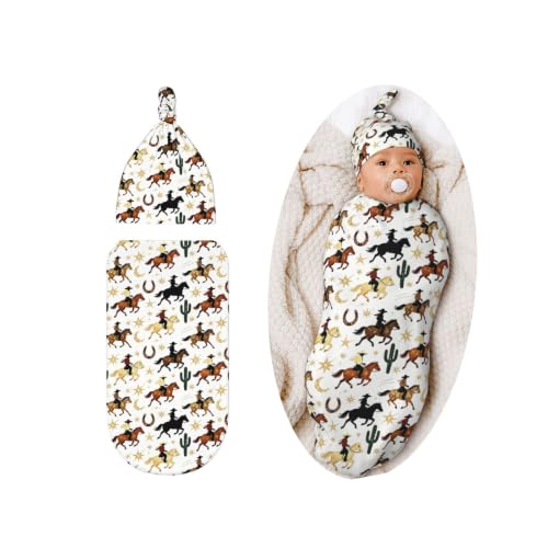 Image of Lcokin Vintage Western Baby Stuff Swaddle Blanket with Hat, Newborn Receiving Blanket Set