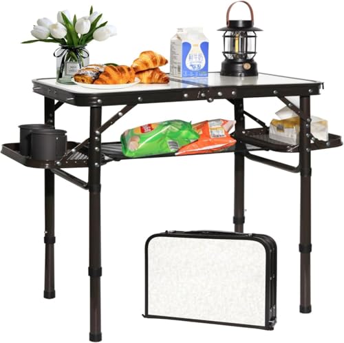 koldan Folding Camping Table Outdoor Indoor Picnic BBQ Aluminum Lightweight Tall Camping Table 3-Height Adjustable 25in Max 50 Extra Space with Carry Handle & Mesh Pocket Small Foldable Table