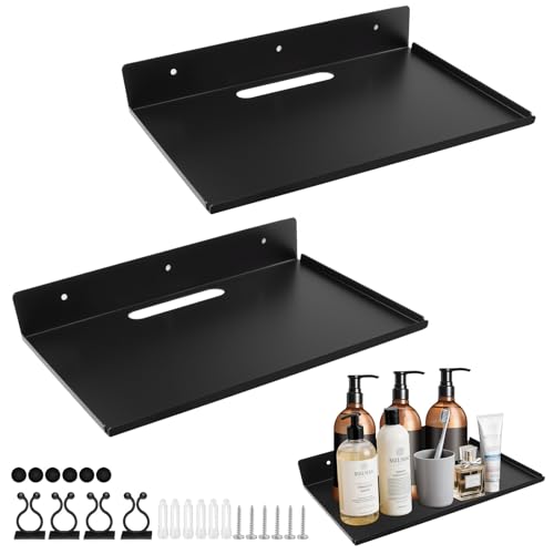 Stile semplice: la mensola da parete in metallo nero ha un design moderno e semplice, adatto per diversi stili di decorazione, design con fori e clip per cavi formano un sistema di sospensione per rendere la superficie più bella e concisa. Realizza una combinazione senza soluzione di continuità di funzione di archiviazione e conservazione, rende la tua parete più pulita ed estetica.