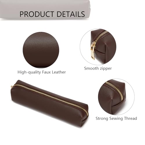 Image of Faux Leather Color Pencil Case Multifuncional and Simple with Zipper for School (Dark Brown)