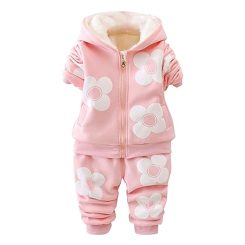 Girl Autumn Winter Clothes Long Sleeve Floral Zipper Hoodie Wool Lined Jacket Pants Toddler Warm (Pink, 4-5 Years)