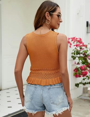 Image of CiCiBird Women Cute Crop Sweaters Vest Knit Sleeveless Pullover Tops Crochet Ruffle Hem Tank