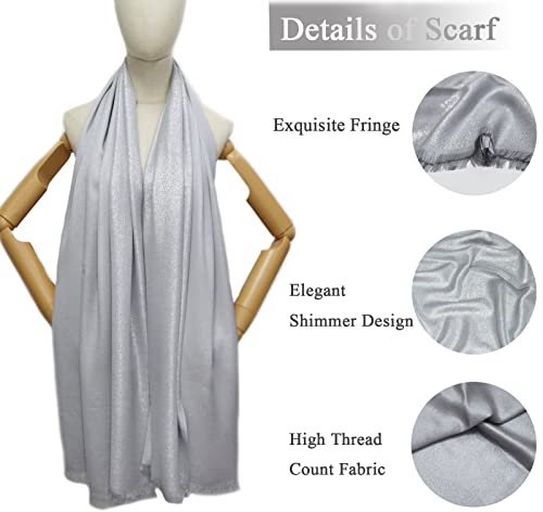 Gragengs Funken Metallic Pashmina Schals und Stola für Damen, Lange Party Tücher Einheitliche Farbe Zwei Töne,Hellgrau/Silber