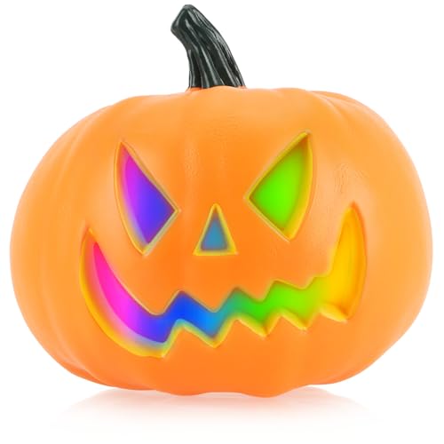 com-four® Kürbis mit LED-Beleuchtung - Halloweenkürbis als Hauseingangs- und Fensterdekoration - großer Kunststoff-Kürbis mit Grusel-Fratze - Horror-Pumpkin mit 6 Beleuchtungsmodi (Orange - 22cm)