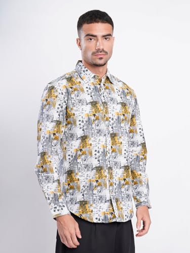 Image of BENE KLEED Men Grey and Mustard Abstract Print Slim Fit Shirt(BOMCF458SL53-6351B White /Mustard M)