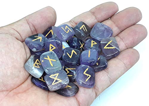 Ensemble de runes en cristal d'améthyste - Pierres précieuses viking - Reiki - Gravure dorée - Alphabets runiques gravés (améthyste) – vue 5