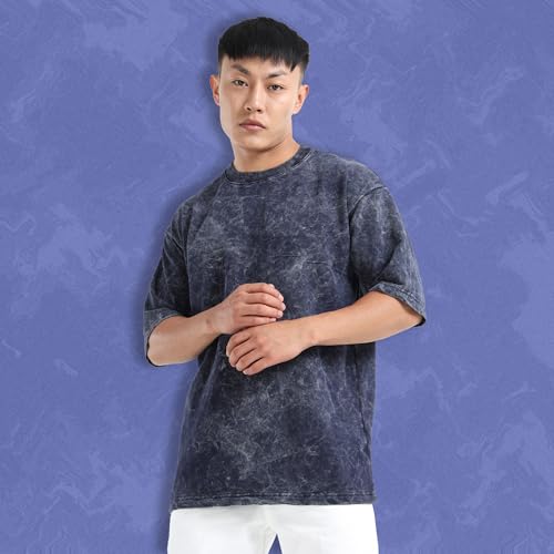 Image of fanideaz Mens 240 GSM Heavy Cotton Acid Wash Oversize T-Shirt Half Sleeve Round Neck Drop Shoulder Oversize Fit