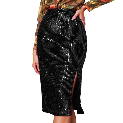 Damen Glitzer Rock mit Futter Elastische Taille Pailletten Rock Midi Bleistiftrock für Bankette und Partys