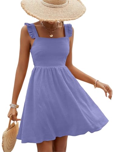 Image of SISKIN Women's Summer Spaghetti Strap Sleeveless Square Neck Ruffle A Line Swing Mini Dress 2025