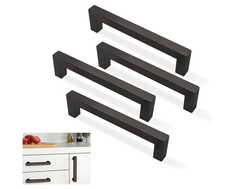 ANBOO 4 Pack Black Kitchen Cabinet Handles 96mm Hole Center, Stainless Steel Cupboard Pulls with Screws, Modern Square Drawer Handles for Wardrobe and Kitchen Cupboards