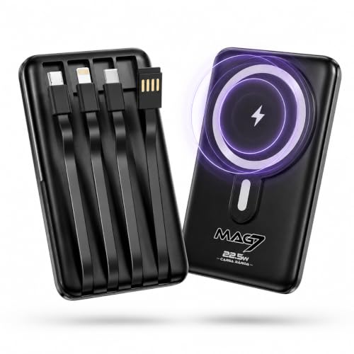 INNOBATIVE MAG7 Powerbank Magnético 10000 mAh con 4 Cables Integrados, Carga Inalámbrica 15W Compatible con MagSafe, Negro