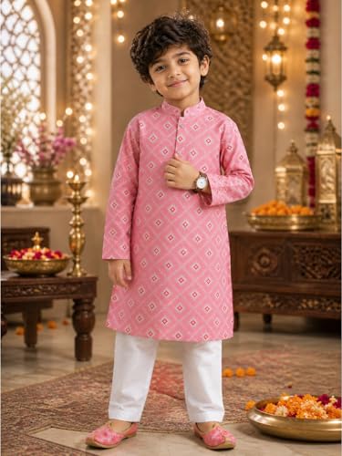 Image of Superminis Baby Boys Silver Foil Printed Cotton Kurta, Round Collar, Full Sleeves With White Pyjama
