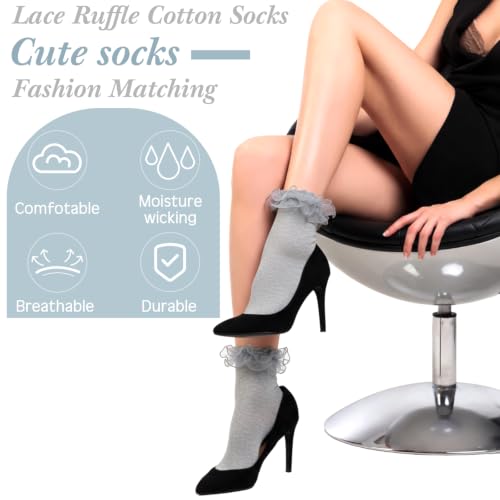 Image of Geyoga 3 Pairs Women Big Ruffle Socks Turn Cuff, Double Lace Ankle Cotton Frilly Socks for Ladies Summer