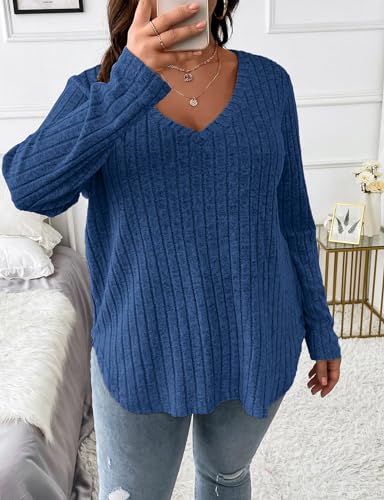 Image of Koscacy Women Plus Size Casual Knit Sweater V Neck Solid Color Tops Lightweight Long Sleeve Blouses