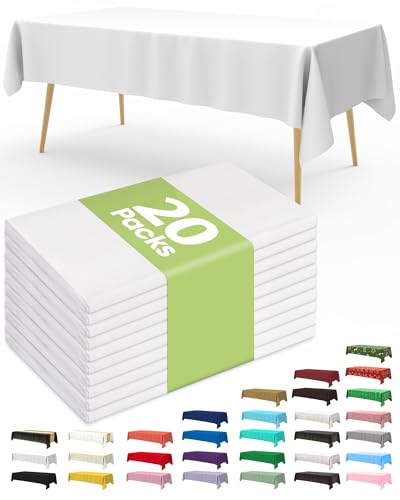 Pureegg Plastic Table Cloth Disposable 20 Pack, 54 x 108 Inch Table Cloths, Party, Picnic, Wedding, Decorative Tablecloths, Rectangle, White Plastic Cover, Leakproof & Sturdy, White